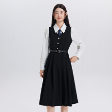 批发白色长袖<b class='q'>衬衫</b>黑色 V 领背心连衣裙套装女教资面试通勤<b class='q'>职业</b>两件套