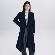 批发藏青色翻领系带长款毛呢大衣女秋冬收腰过膝<b class='q'>通勤</b>面试气质外套