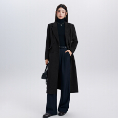 批发高级感黑色长款毛呢外套女翻领廓形秋冬<b class='q'>通勤</b>办公百搭过膝大衣