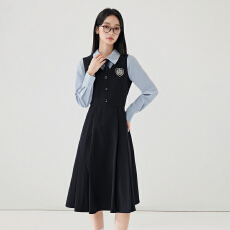 批发黑色 V 领腰带收腰<b class='q'>职业</b>连衣裙女长袖通勤酒店前台气质工装中长裙