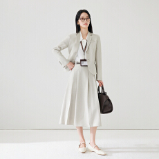 批发浅灰色翻领单排扣收腰<b class='q'>衬衫</b>连衣裙女气质通勤<b class='q'>职业</b>中长裙面试正装