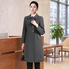 批发气质深灰<b class='q'>女士</b>呢子大衣双排扣收腰中长款职场办公正式百搭外套