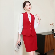 批发<b class='q'>秋</b>季红色职业马甲套裙女乘务前台酒店服务接待工装半身裙套装