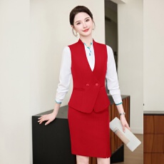 批发红色马甲套裙女空姐高铁前台酒店接待服务行业工作服套装
