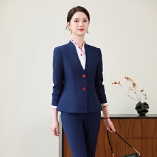 批发藏青色 V领西装套装女单排扣气质国企酒店前台通勤西裤职业两件套