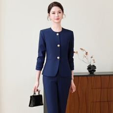批发<b class='q'>秋</b>季通勤职业两件套女藏青圆领小香风西装西裤教师面试接待穿搭