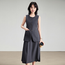 批发深灰色无袖马甲套装女春<b class='q'>秋</b>简约通勤气质叠穿马甲半身裙两件套