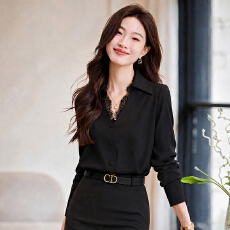 批发黑色缎面<b class='q'>衬衫</b><b class='q'>女</b>长袖垂感通勤<b class='q'>职业</b>正装气质翻领抗皱简约内搭<b class='q'>衬衣</b>