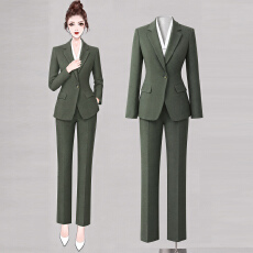 批发墨绿色西装套装女春秋高级感职业正装气质通勤修身西服直筒长裤