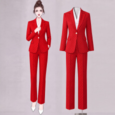 批发红色西装套装女高级感职业正装气质商务主持修身西服长裤