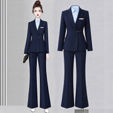 批发干练藏青收腰西服微喇长裤套装女职场通勤上班接待显瘦正式女装套