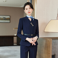 批发藏青色收腰荷叶摆职业套裙女长袖空姐制服教资面试工装两件套