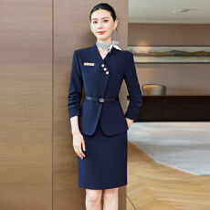 批发藏青色收腰荷叶摆职业套裙女长袖空姐制服教资面试工装两件套