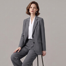 批发气质灰修身西服长裤套装女 职场商务教资面试干练显瘦职业女装