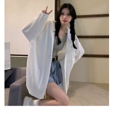 批发连帽薄款衬衫外套女夏季<b class='q'>百搭</b>宽松显瘦中长款开衫长袖防晒上衣