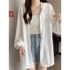 批发连帽薄款衬衫外套女<b class='q'>夏季</b>百搭宽松显瘦中长款开衫长袖防晒上衣