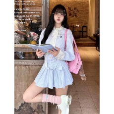 批发早春学院风蝴蝶结条纹衬衫连衣裙子女<b class='q'>秋</b>夏2025新款小个子韩系穿搭