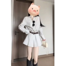 批发长袖<b class='q'>条纹</b>衬衫连衣裙子女装夏季2025新款高级感旅游秋夏搭配一整套