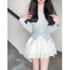 批发两件套装<b class='q'>夏</b>新款甜美设计感拼接长袖T恤高腰显瘦蛋糕半身裙ins