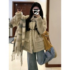 批发韩系翻领<b class='q'>甜美</b>百搭温柔奶fufu羊羔毛外套女加棉毛绒绒大衣秋冬加厚