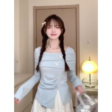 批发法式蓝色长袖<b class='q'>连衣裙</b>子女春装2025超火新款小个子香风气质长裙套装