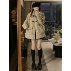 批发韩系翻领<b class='q'>甜美</b>百搭温柔奶fufu羊羔毛外套女加棉毛绒绒大衣秋冬加厚