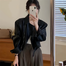 批发欧货翻领短款pu皮外套女2023秋冬新款高级感机车炸街小个子皮夹克