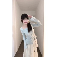 批发法式蓝色长袖连衣裙子女春装2025超火新款小个子香风气质长裙套装