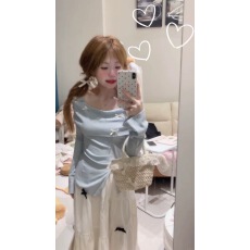 批发法式蓝色长袖连衣裙子女春装2025超火新款小个子香风气质长裙套装