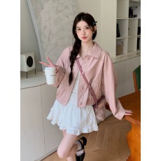 批发韩系甜妹穿搭粉色pu皮外套女春秋2024新款设计感小众宽松短款夹克