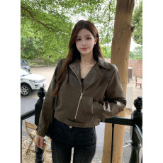 批发欧货翻领短款pu皮外套女2023秋冬新款高级感机车炸街小个子皮夹克
