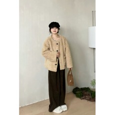 批发2024冬圆领羊羔毛外套女短款加厚羊羔绒皮毛一体宽松皮草毛毛上衣