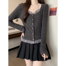 批发法式木耳边方领正肩亮丝针织衫大码女装秋装<b class='q'>胖</b><b class='q'>mm</b><b class='q'>打底衫</b>糯米灰上衣