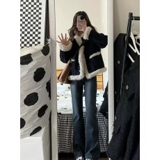 批发2025冬新款小香风羊羔毛外套女黑色灯芯绒环保皮草小个子毛绒上衣