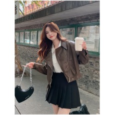 批发欧货翻领短款pu皮外套女2023秋冬新款高级感机车炸街小个子皮夹克