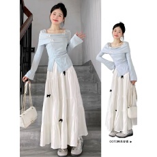 批发法式蓝色长袖连衣裙子女春装2025超火新款小个子香风气质长裙套装