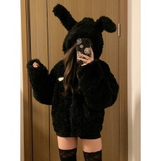 批发2025新款兔耳朵仿羊羔毛外套女短款修身显瘦环保毛棉服上衣学院风