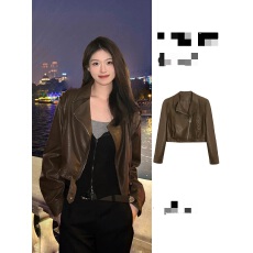 批发欧货翻领短款pu皮外套女2023秋冬新款高级感机车炸街小个子皮夹克