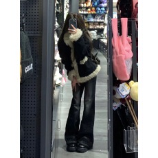 批发2025冬新款小香风羊羔毛外套女黑色灯芯绒环保皮草小个子毛绒上衣