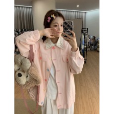 批发粉色小碎花翻领<b class='q'>牛仔</b><b class='q'>外套女</b>秋季设计感彩色扣宽松百搭夹克上衣新款