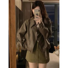 批发欧货翻领短款pu皮外套女2023秋冬新款高级感机车炸街小个子皮夹克