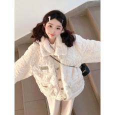 批发米色小香风皮草羊羔毛外套女秋冬季日系感拼接设计感夹棉加厚宽松