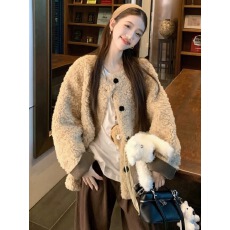 批发2024冬圆领羊羔毛外套女短款加厚羊羔绒皮毛一体宽松皮草毛毛上衣