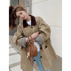 批发2025新款秋季小个子中长款风衣休闲高级感女撞色宽松卡其色外套