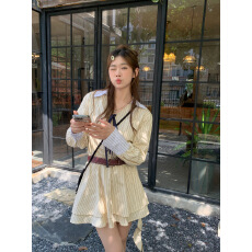 批发法式条纹v领长袖<b class='q'>连衣裙</b>女春秋季小个子设计感小众度假风短裙裙子