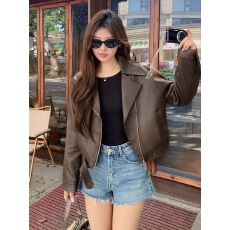 批发欧货翻领短款pu皮外套女2023<b class='q'>秋</b>冬新款高级感机车炸街小个子皮夹克