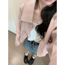 批发韩系甜妹穿搭粉色pu皮外套女春秋2024新款设计感小众宽松短款夹克