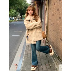 批发韩系翻领<b class='q'>甜美</b>百搭温柔奶fufu羊羔毛外套女加棉毛绒绒大衣秋冬加厚