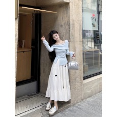 批发法式蓝色长袖连衣裙子女春装2025超火新款小个子香风气质长裙<b class='q'>套装</b>