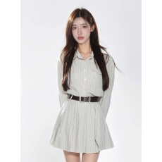 批发长袖条纹衬衫连衣裙子女装夏季2025新款高级感旅游秋夏搭配一整套